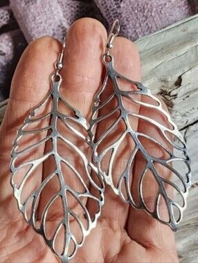 Lightweight Earrings Large Silver Leaf Tropical Boho Hypoallergenic